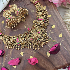 Vriksham Gold Look Alike Lakshmi Short Neckpiece-Red Green-Gold Bead-G18146