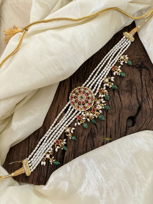 Multi Layered White Bead Jadau Kundan High Neck Choker -J1899