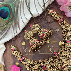 Vriksham Gold Look Alike Lakshmi Short Neckpiece-Red Green-Gold Bead-G18146