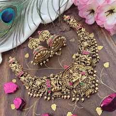 Vriksham Gold Look Alike Lakshmi Short Neckpiece-Red Green-Gold Bead-G18146