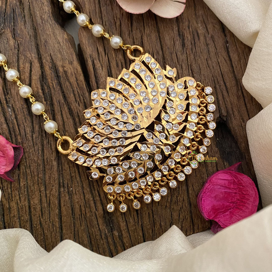 Vriksham AD Stone Lotus Pendant Pearl Mala-White-G17129