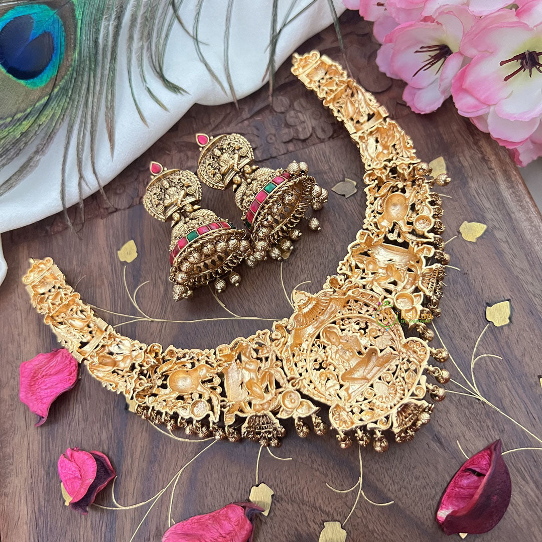 Vriksham Gold Look Alike Lakshmi Pendant Short Neckpiece-Gold Bead-G18080