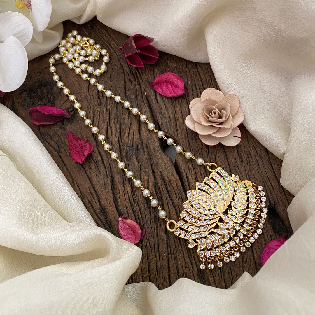 Vriksham AD Stone Lotus Pendant Pearl Mala-White-G17129