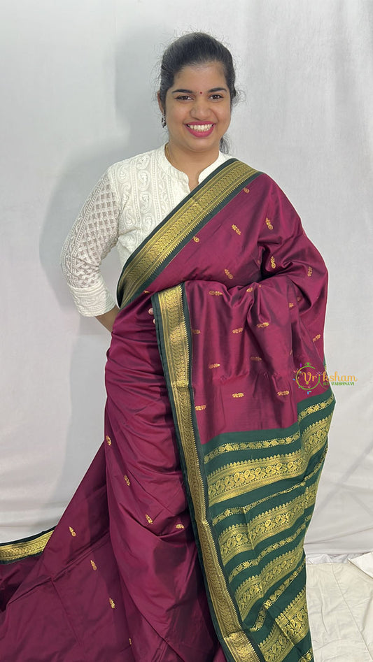 Vriksham Grape Wine With Bottle Green Border-Kalyani Cotton Saree-VS4179