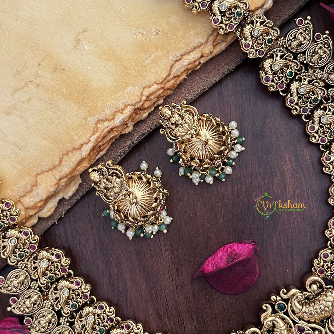 Vriksham Dual Peacock Lakshmi Pendant Long Neckpiece-Pastel Green Bead-G17870