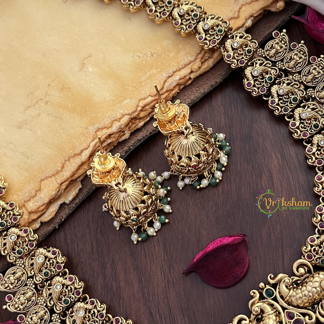Vriksham Dual Peacock Lakshmi Pendant Long Neckpiece-Pastel Green Bead-G17870