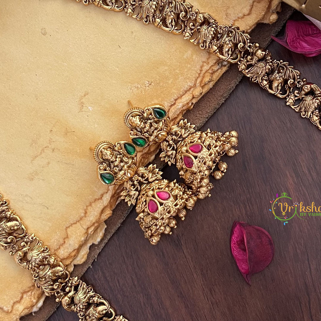 Vriksham Lakshmi Dual Elephant Long Neckpiece-Red Green-Gold Bead-G17869