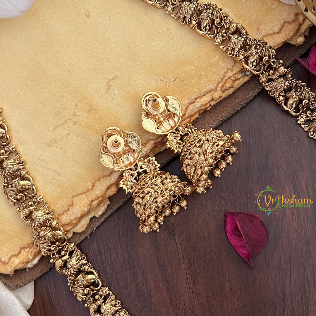 Vriksham Lakshmi Dual Elephant Long Neckpiece-Red Green-Gold Bead-G17869
