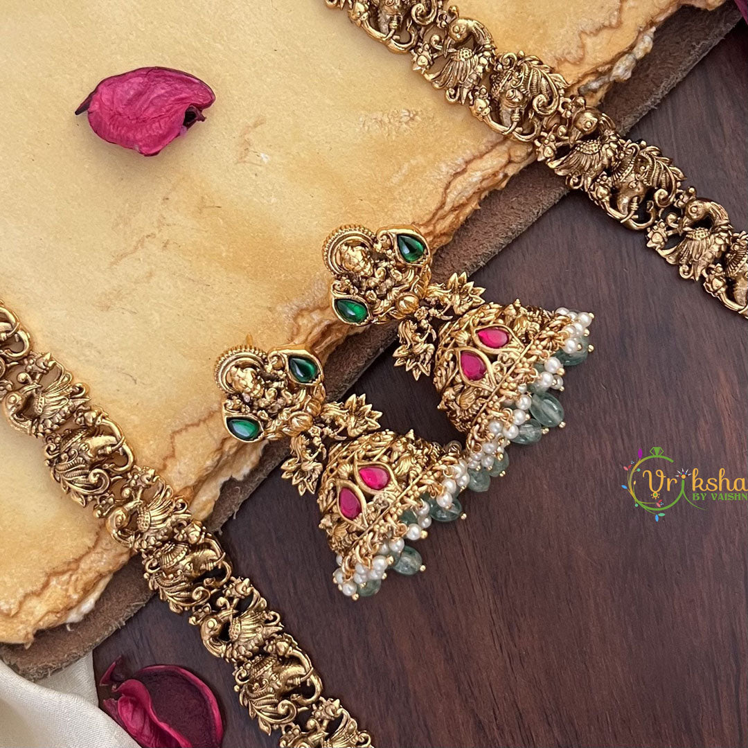Vriksham Lakshmi Dual Elephant Long Neckpiece-Red Green-Pastel Green Bead-G17868