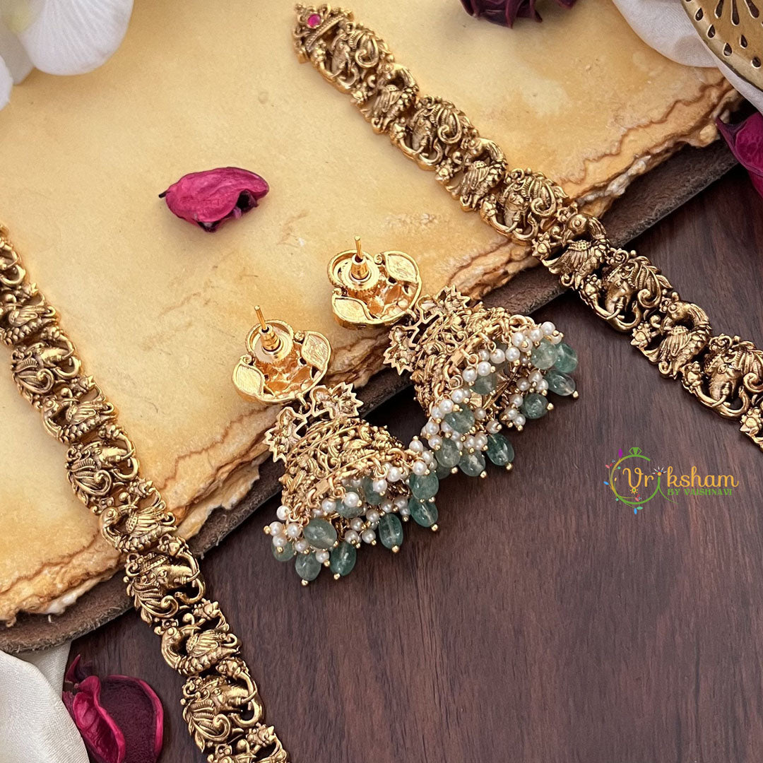 Vriksham Lakshmi Dual Elephant Long Neckpiece-Red Green-Pastel Green Bead-G17868