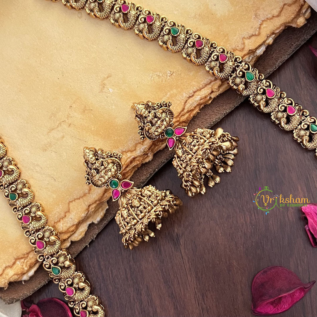 Vriksham Lakshmi Dual Peacock Pendant Long Neckpiece-Red Green-G17867