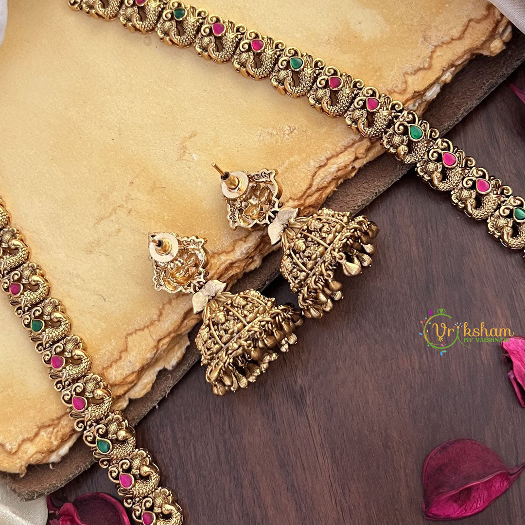 Vriksham Lakshmi Dual Peacock Pendant Long Neckpiece-Red Green-G17867