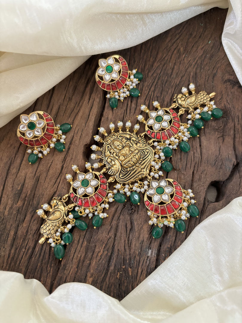 Premium Jadau Kundan Lakshmi High Neck Choker-Green Bead  -J1823