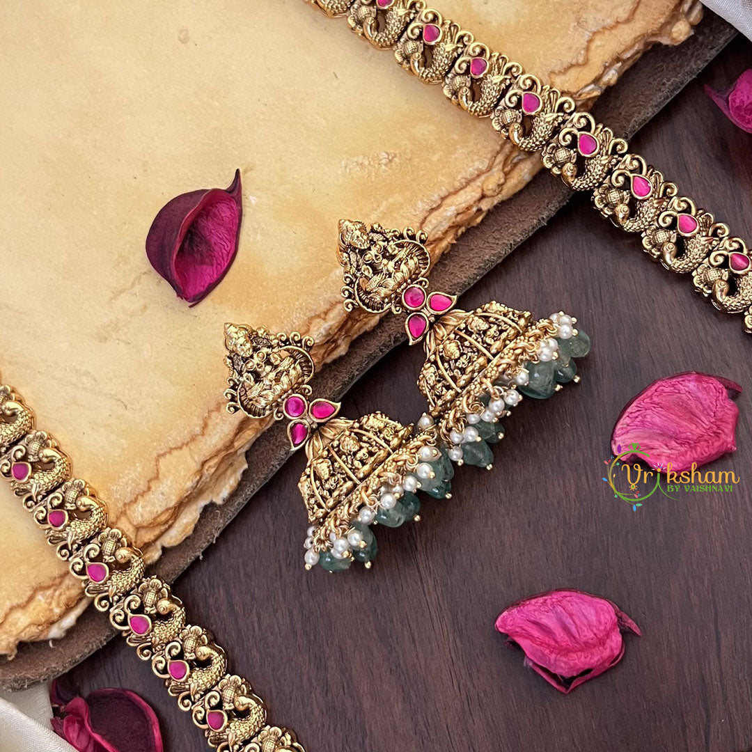 Vriksham Lakshmi Dual Peacock Pendant Long Neckpiece-Red-Pastel Green Bead-G17865