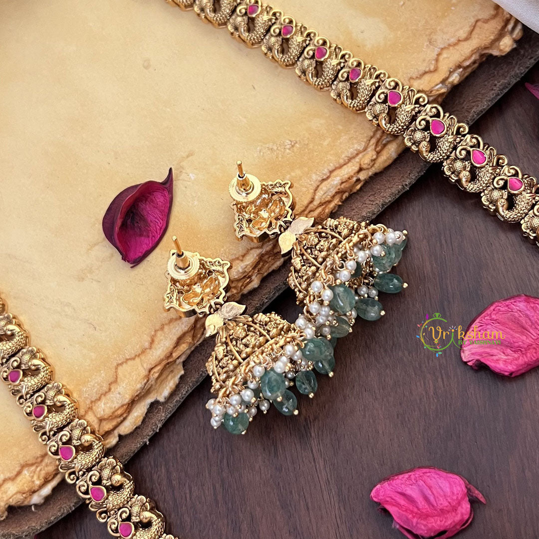 Vriksham Lakshmi Dual Peacock Pendant Long Neckpiece-Red-Pastel Green Bead-G17865