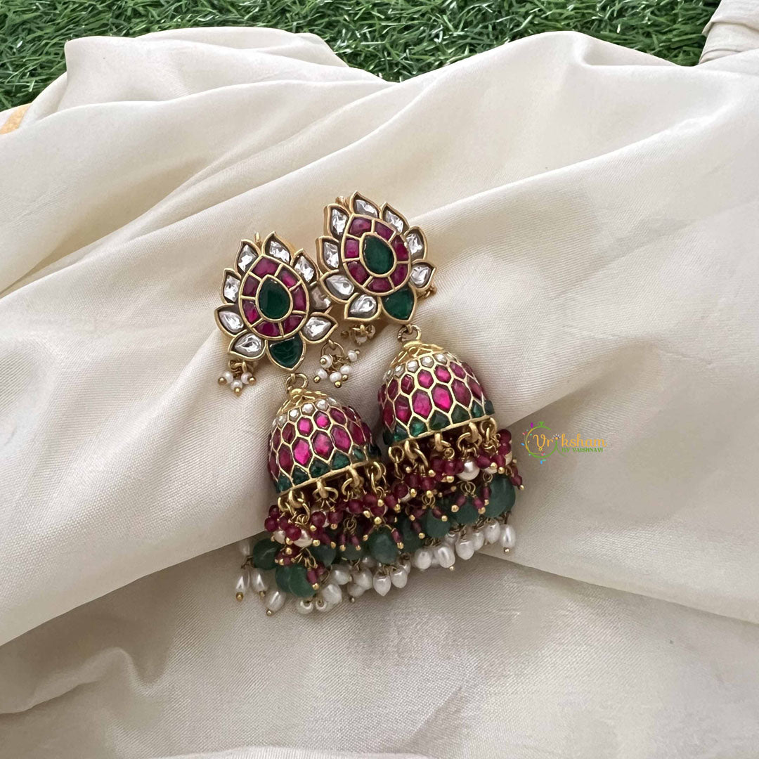 Vriksham Lotus Style Jadau Kundan Jhumka-Red White & Green-Rice Pearls-J3588