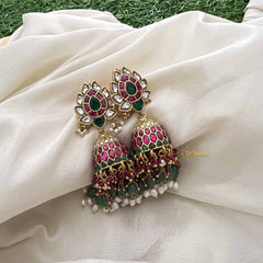 Vriksham Lotus Style Jadau Kundan Jhumka-Red White & Green-Rice Pearls-J3588