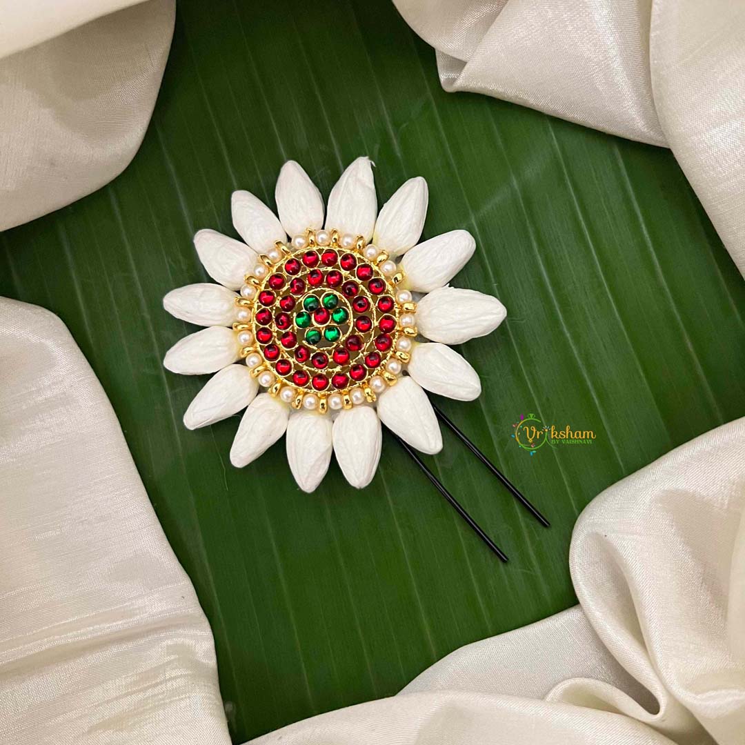 Vriksham Jasmine Bud Hair With Traditional Kemp Stone Medallion U-Pin Flower Accessories-KH1270