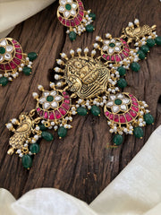 Premium Jadau Kundan Lakshmi High Neck Choker-Green Bead  -J1823