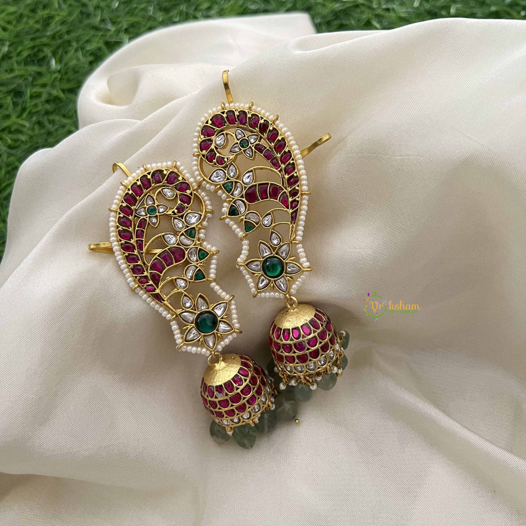 Vriksham Peacock Grace Kundan Jadau Jhumka With Earcuff-Green Bead-Pearls-J3589
