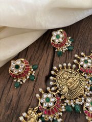 Premium Jadau Kundan Lakshmi High Neck Choker-Green Bead  -J1823
