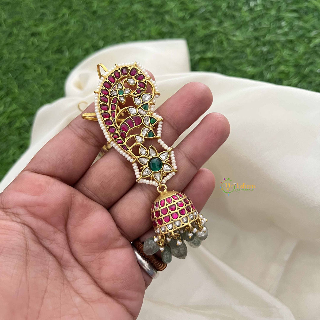 Vriksham Peacock Grace Kundan Jadau Jhumka With Earcuff-Green Bead-Pearls-J3589