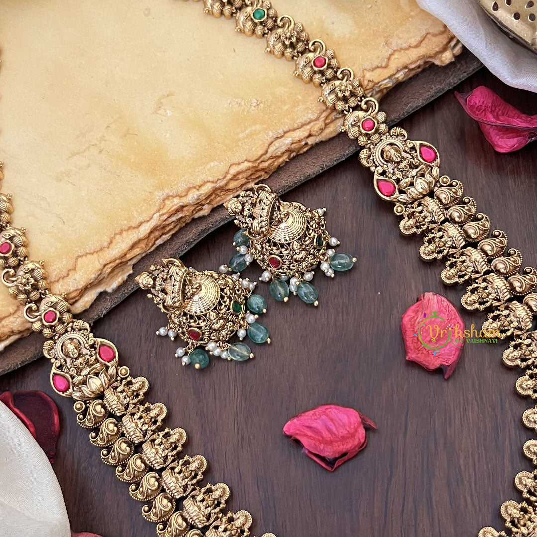 Vriksham Gold Look Alike Lakshmi With Maanga Style Long Neckpiece-Pastel Green Bead-G17858