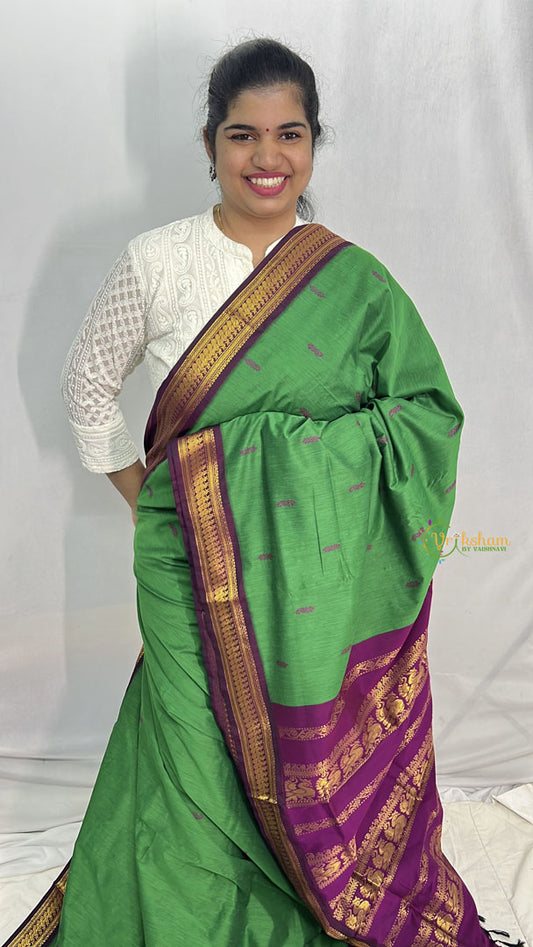 Vriksham Dark Green With Purple Border-Kalyani Cotton Saree-VS4175