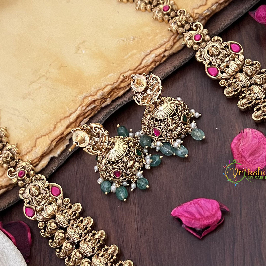 Vriksham Gold Look Alike Lakshmi With Maanga Style Long Neckpiece-Pastel Green Bead-G17858