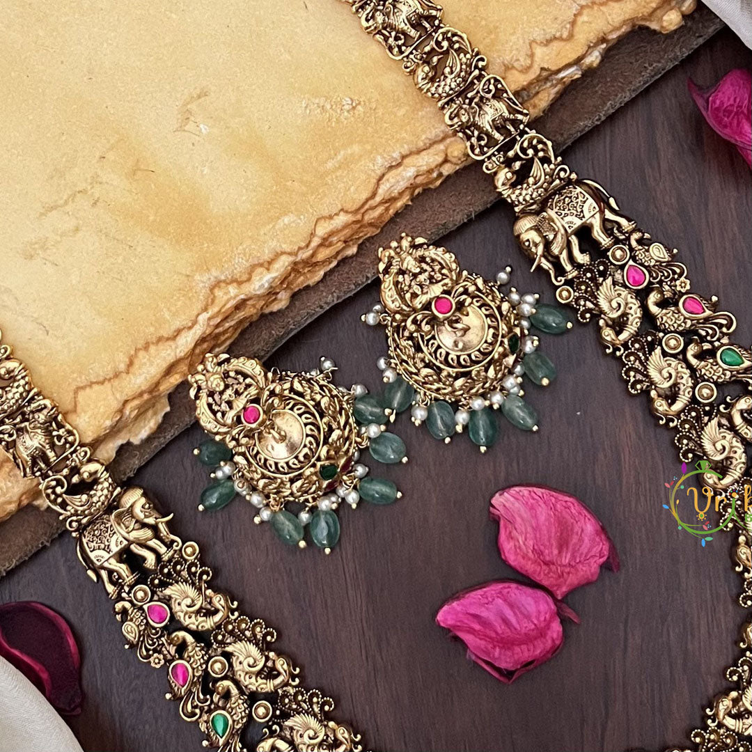 Vriksham Lakshmi Dual Elephant Peacock Long Neckpiece-Pastel Green Bead-G17860