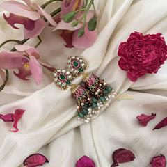 Vriksham Lotus Style Jadau Kundan Jhumka-Red White & Green-Rice Pearls-J3588