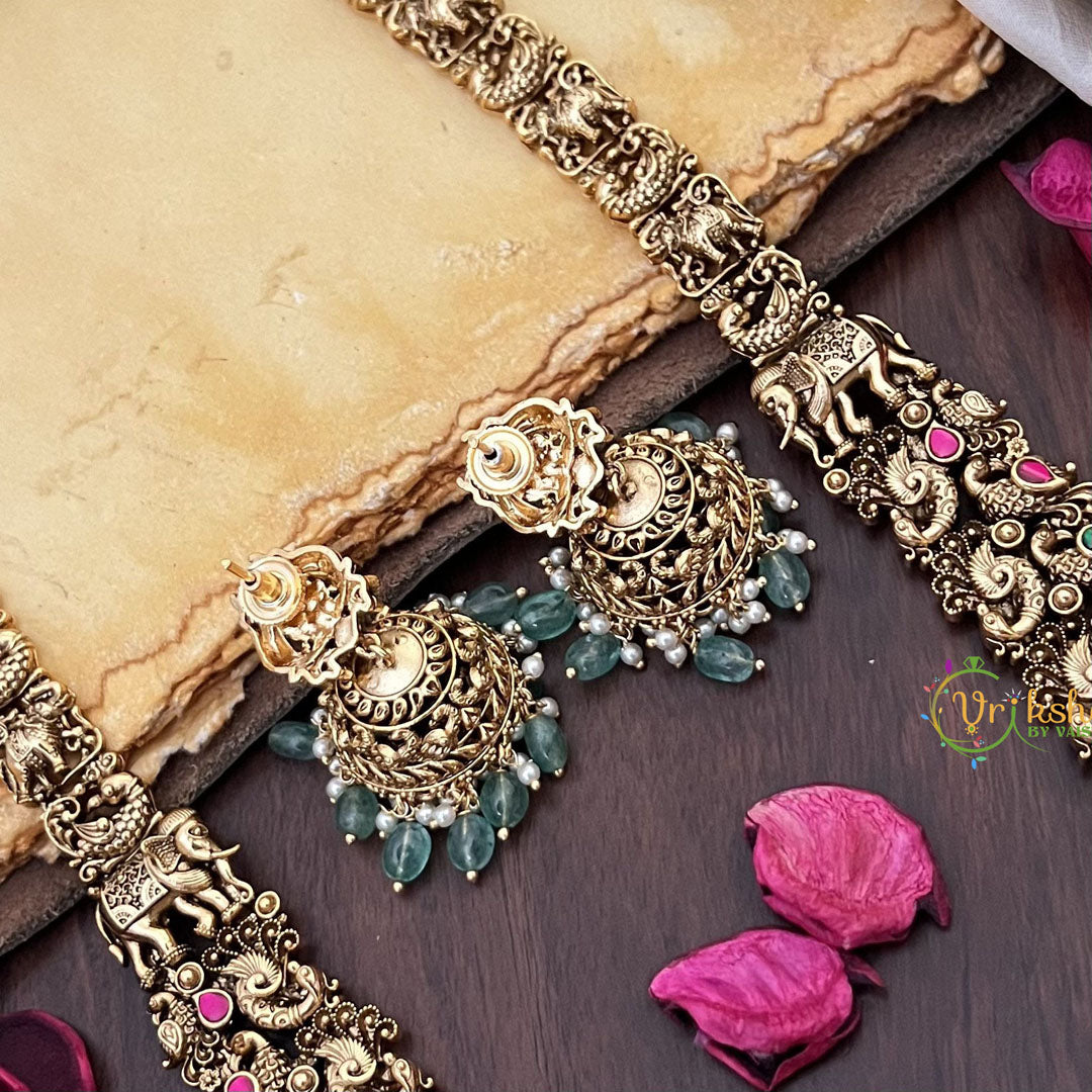 Vriksham Lakshmi Dual Elephant Peacock Long Neckpiece-Pastel Green Bead-G17860