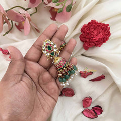 Vriksham Lotus Style Jadau Kundan Jhumka-Red White & Green-Rice Pearls-J3588