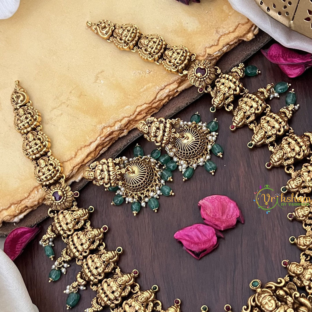 Vriksham Gold Look Alike Lakshmi Long Neckpiece-Pastel Green Bead-G17863