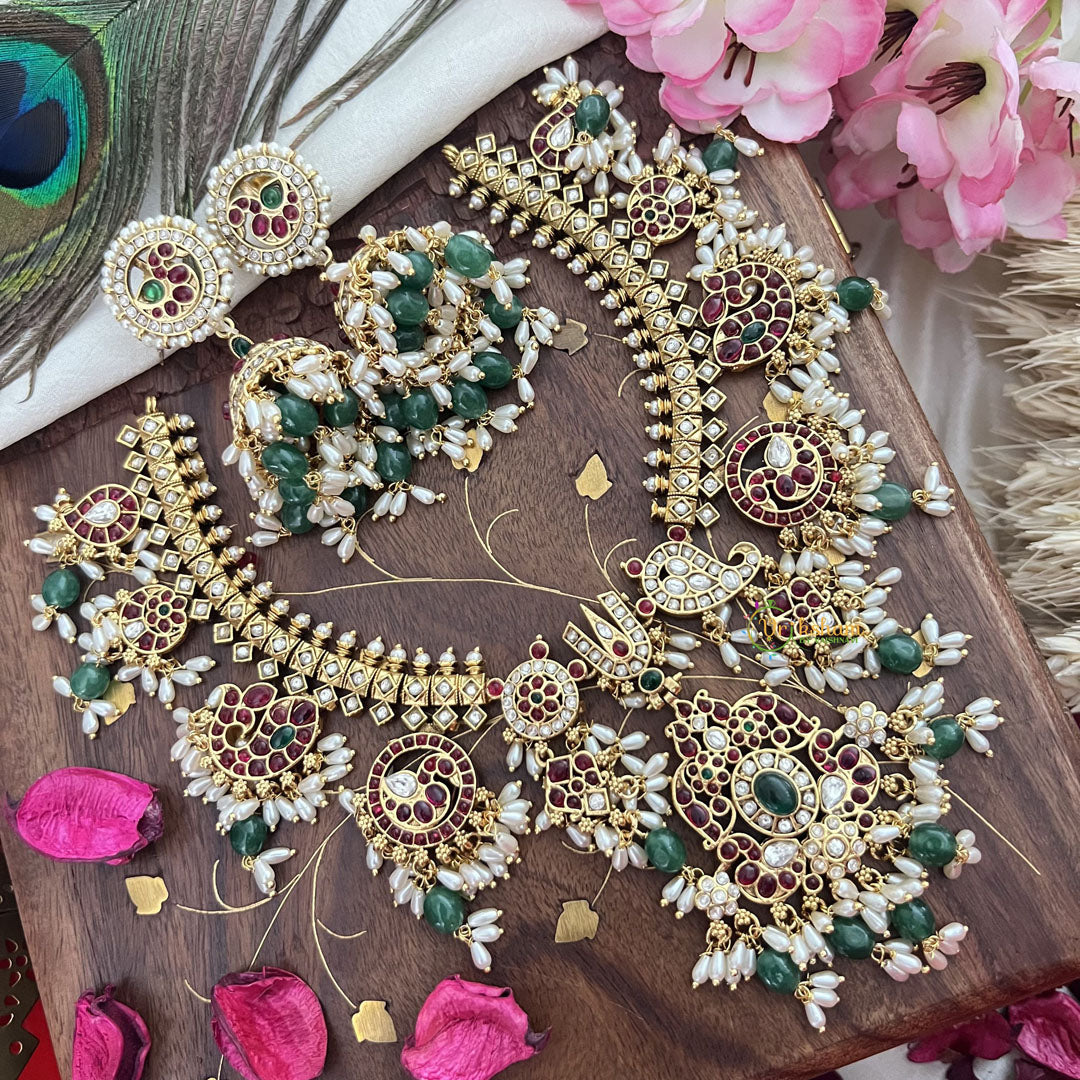 Vriksham Exquisite Nita Ambani Style Short Guttapusalu Neckpiece-Rice Pearls-Green Beads-G18149