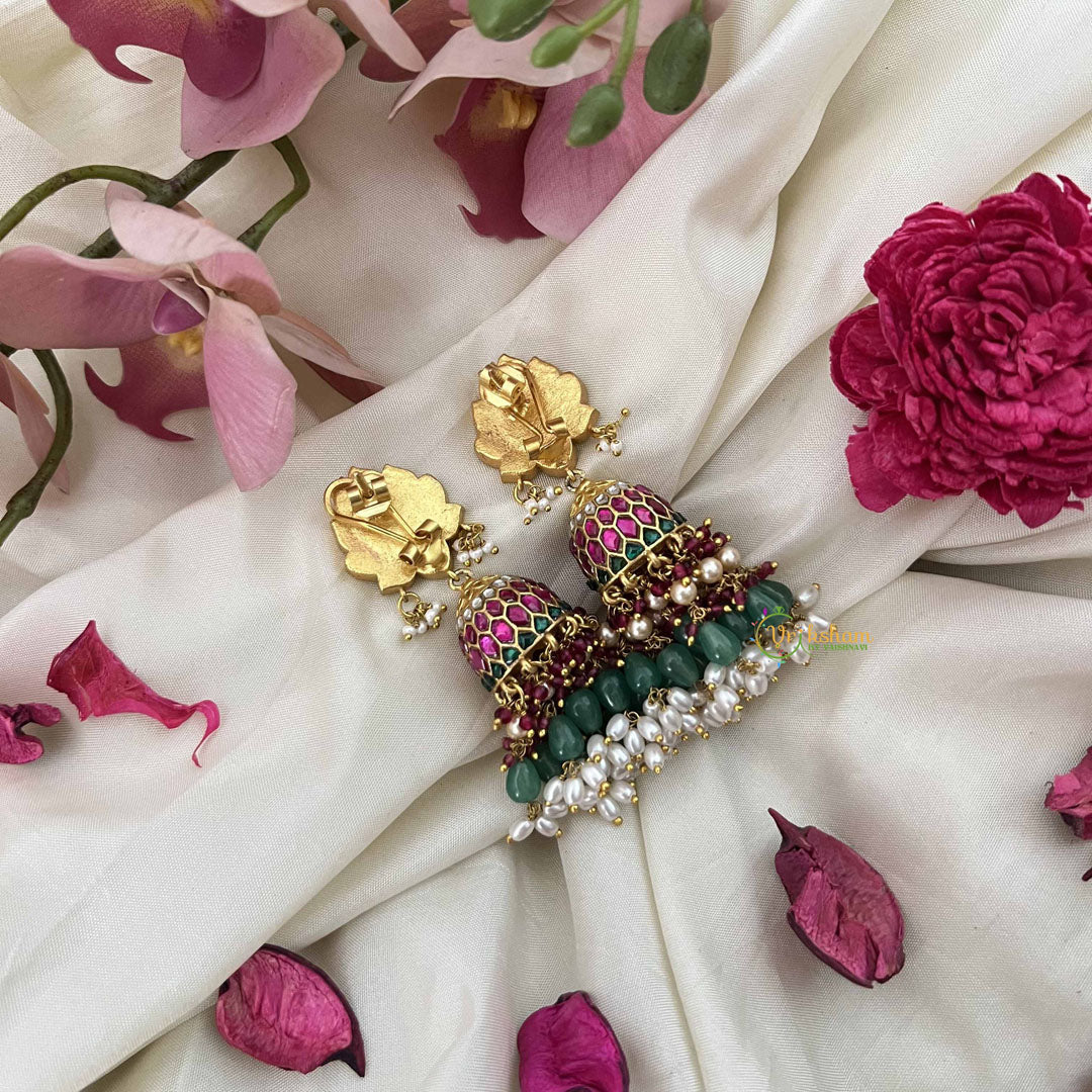 Vriksham Lotus Style Jadau Kundan Jhumka-Red White & Green-Rice Pearls-J3588