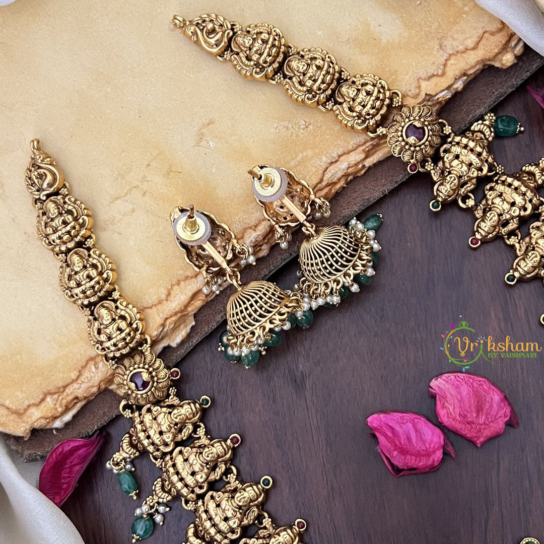Vriksham Gold Look Alike Lakshmi Long Neckpiece-Pastel Green Bead-G17863