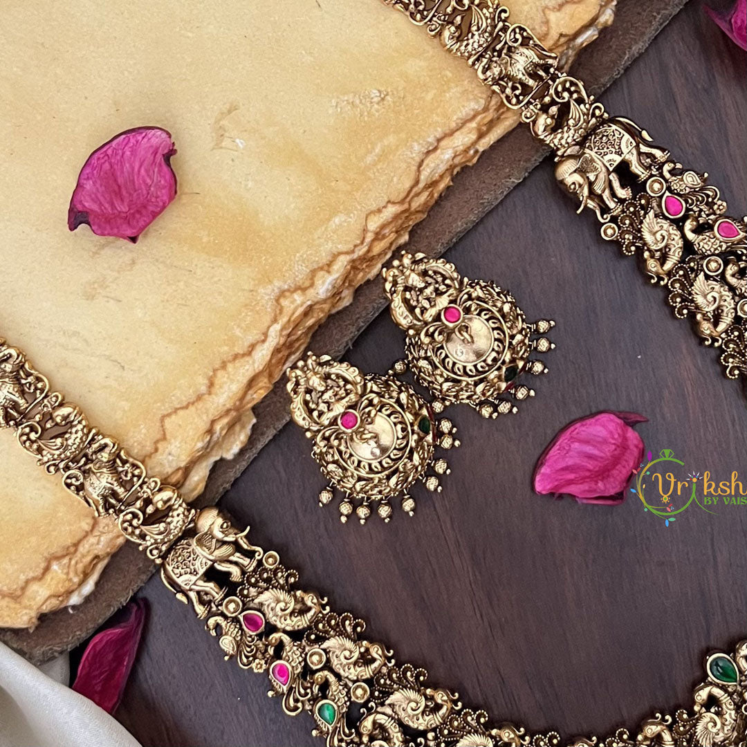 Vriksham Lakshmi Dual Elephant Peacock Long Neckpiece-Gold Bead-G17861