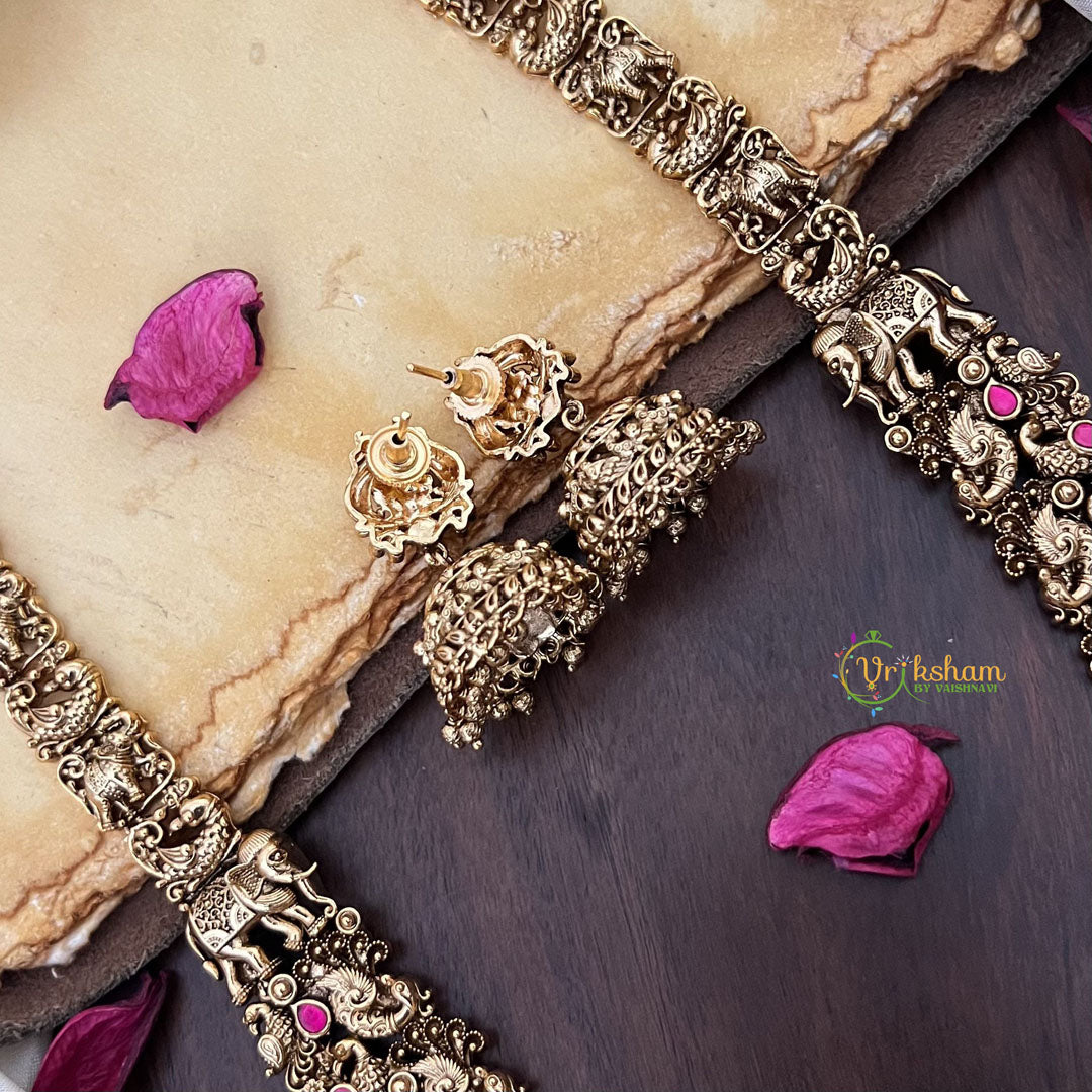 Vriksham Lakshmi Dual Elephant Peacock Long Neckpiece-Gold Bead-G17861