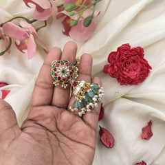 Vriksham Floral Kundan Jadau Jhumka-Green Bead-Rice Pearls-J3591