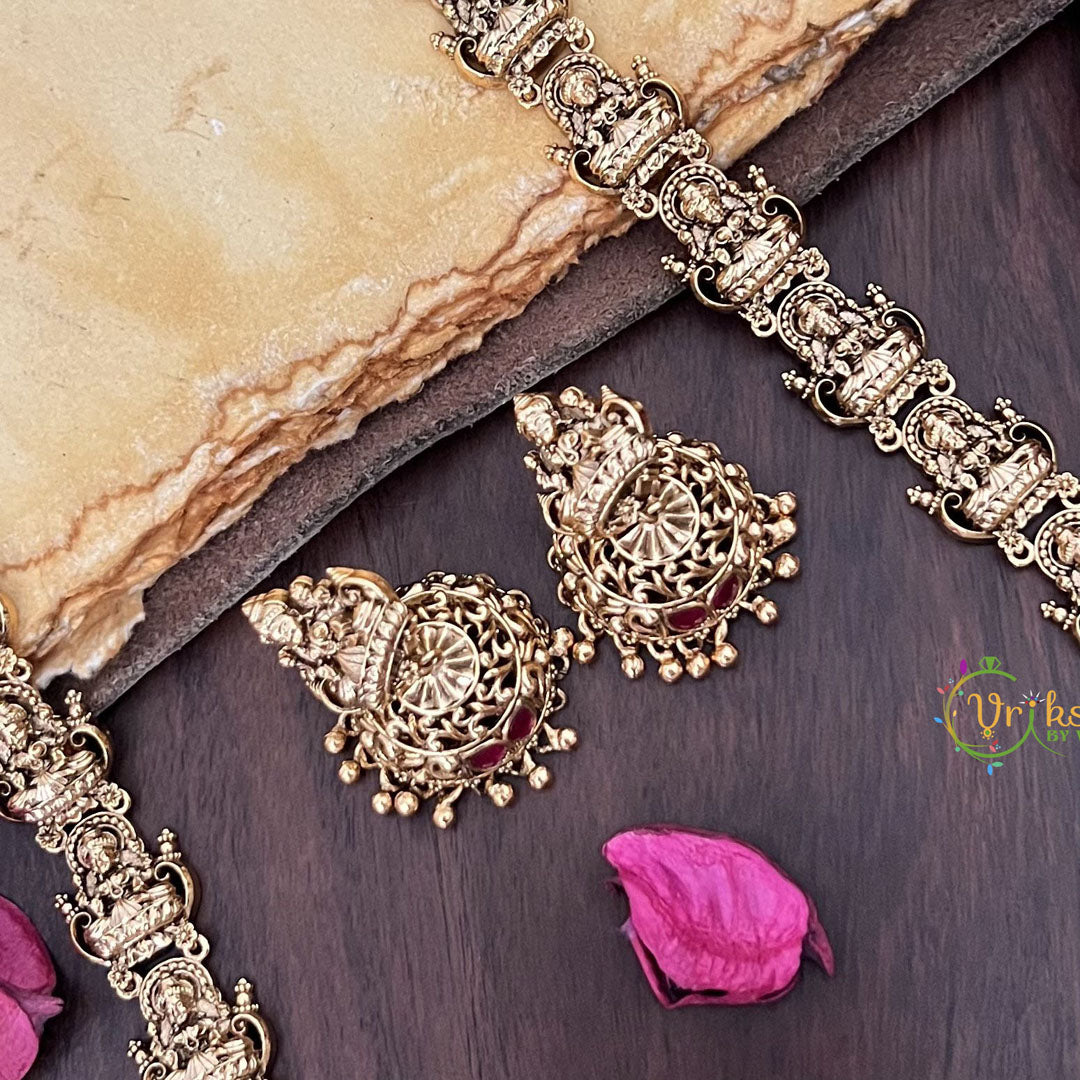 Vriksham Gold Look Alike Lakshmi Long Neckpiece-Red Green-Gold Pearl-G17864