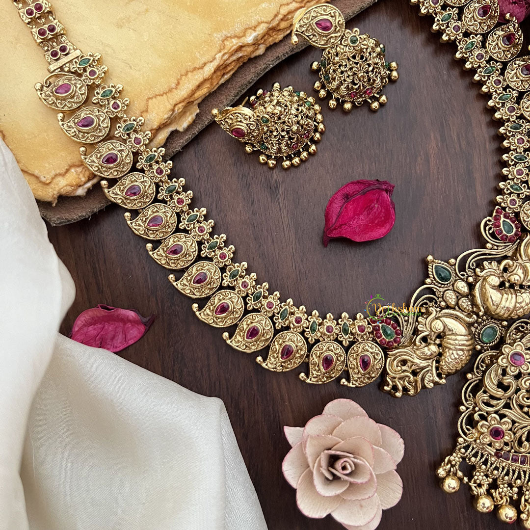 Vriksham Dual Peacock Maanga Long Neckpiece-Red Green-Gold Bead-G17873