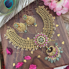 Vriksham Gold Look Alike Chandbali Pendant Long Neckpiece-Pastel Green Bead-G18138