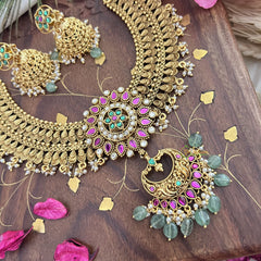 Vriksham Gold Look Alike Chandbali Pendant Long Neckpiece-Pastel Green Bead-G18138