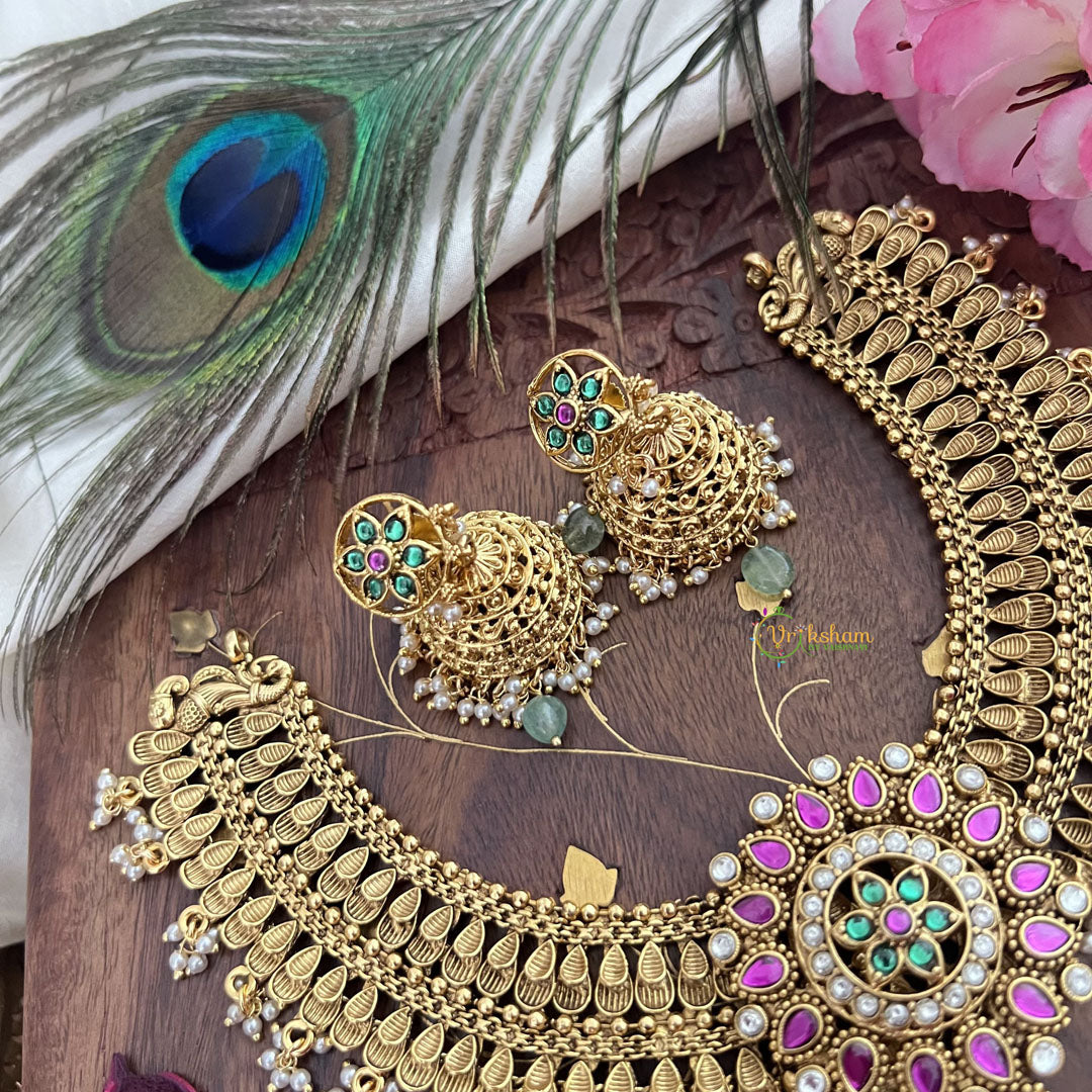 Vriksham Gold Look Alike Chandbali Pendant Long Neckpiece-Pastel Green Bead-G18138
