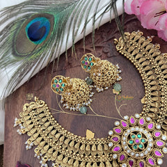 Vriksham Gold Look Alike Chandbali Pendant Long Neckpiece-Pastel Green Bead-G18138