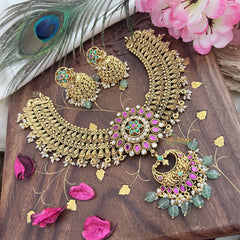 Vriksham Gold Look Alike Chandbali Pendant Long Neckpiece-Pastel Green Bead-G18138