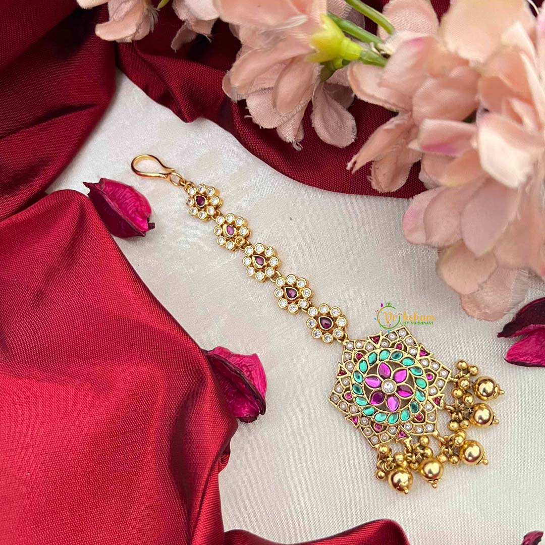 Vriksham Vintage Meenakari  Round Kundan Jadau Maang Tikka-Gold Bead-J4245