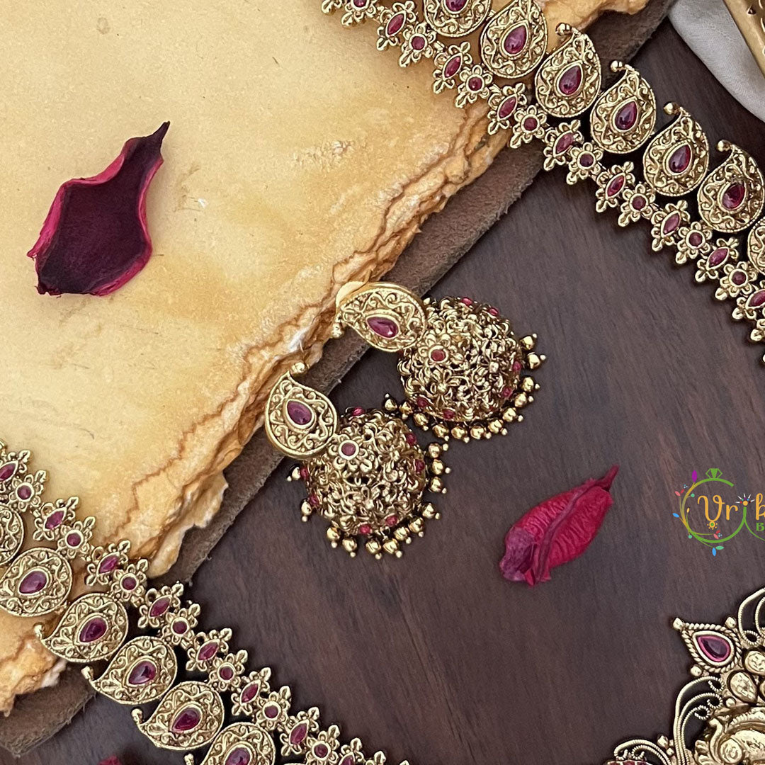 Vriksham Dual Peacock Maanga Long Neckpiece-Red-Gold Bead-G17874