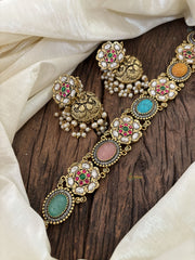 Gold Look Alike Jadau Kundan High Neck Choker -Multi color Stone-J1828